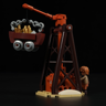 Grue de levage en bois soulevant un chariot rempli de cristaux d'or avec figurine de mineur sur fond noir