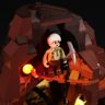 Figurine de vieux mineur aux cheveux blancs avec pioche à l'intérieur de la grotte éclairée par une torche LED rouge