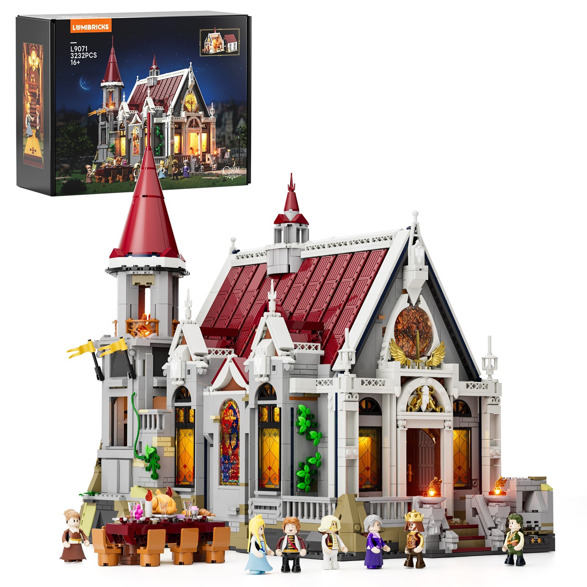 Set Lumibricks L9071 château médiéval 3232 pièces avec boîte, figurines et salle de banquet éclairée par LED