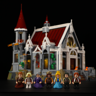 Sept minifigurines médiévales alignées devant le château Lumibricks L9071 : roi, reine, princesse et personnages