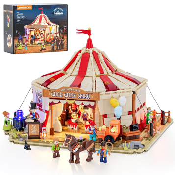 Set Lumibricks L9079 Cirque Itinérant Wild West Show 1962 pièces avec boîte, chapiteau rayé rouge et blanc, figurines et cheval