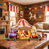 Chapiteau du cirque Wild West Show Lumibricks L9079 illuminé posé sur une table en bois dans un décor western chaleureux