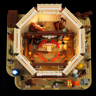 Vue de dessus du cirque Lumibricks L9079 sans toit montrant l'agencement intérieur détaillé avec piste centrale et accessoires éclairés