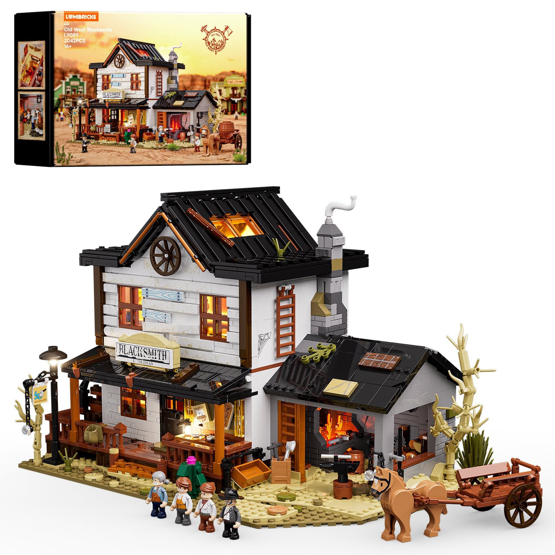 Set Lumibricks L9089 Old West Blacksmith 2042 pièces avec boîte, forge illuminée, figurines, cheval et chariot western