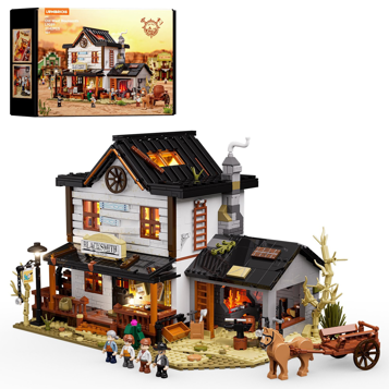 Set Lumibricks L9089 Old West Blacksmith 2042 pièces avec boîte, forge illuminée, figurines, cheval et chariot western