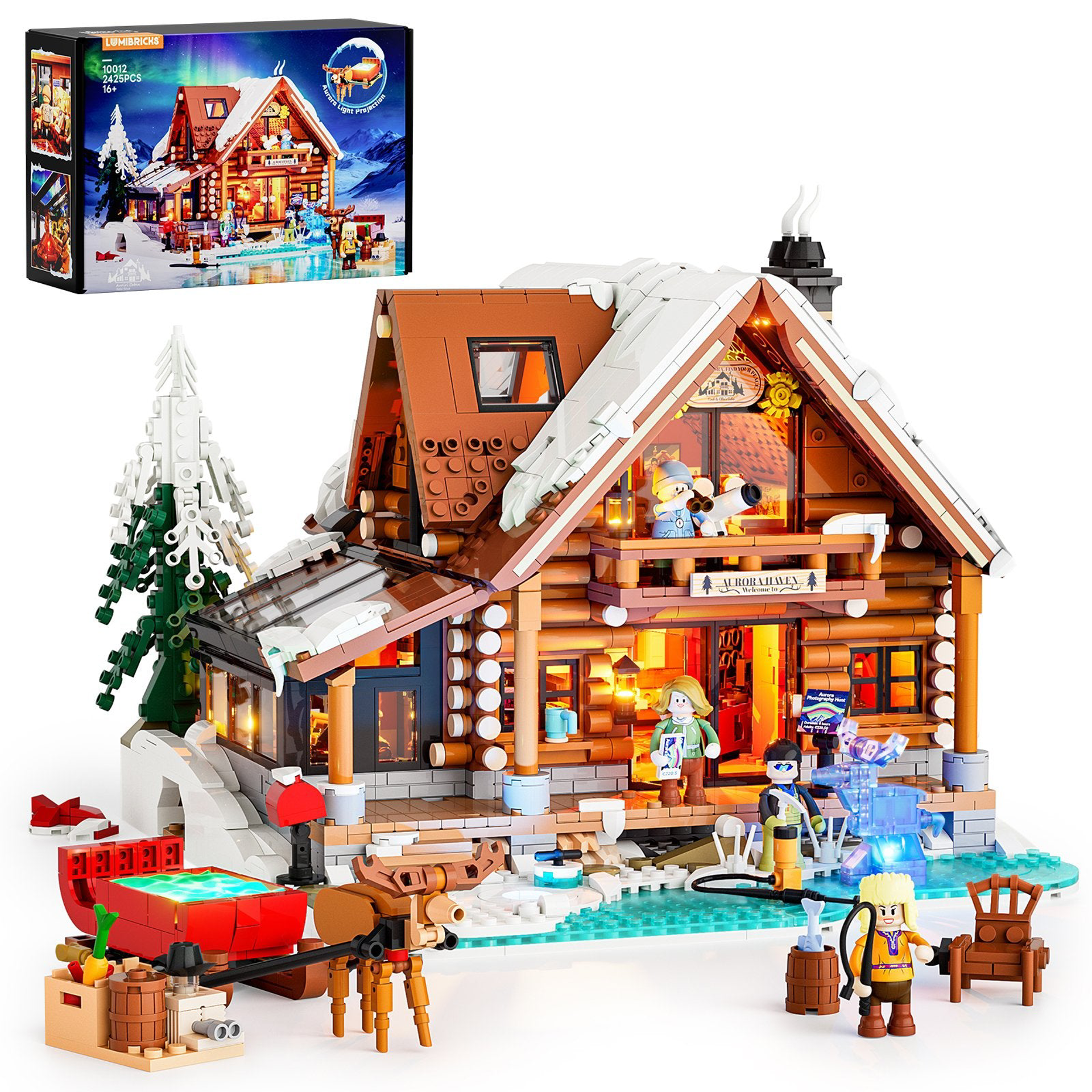 Set Lumibricks 10012 Aurora Haven 2425 pièces avec chalet en rondins enneigé, renne, traîneau rouge et minifigurines sur fond blanc