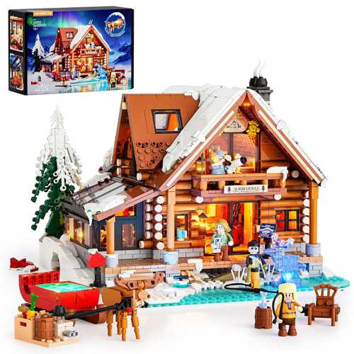 Set Lumibricks 10012 Aurora Haven 2425 pièces avec chalet en rondins enneigé, renne, traîneau rouge et minifigurines sur fond blanc