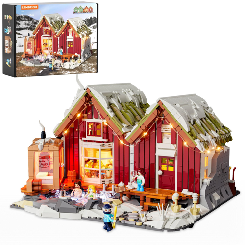 Set Lumibricks Spa Cabin 10011 2235 pièces avec boîte, chalet rouge enneigé illuminé, jacuzzi et minifigurines