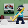 Minifigurine enfant joueur de hockey sur glace avec crosse jaune et tableau de score en arrière-plan