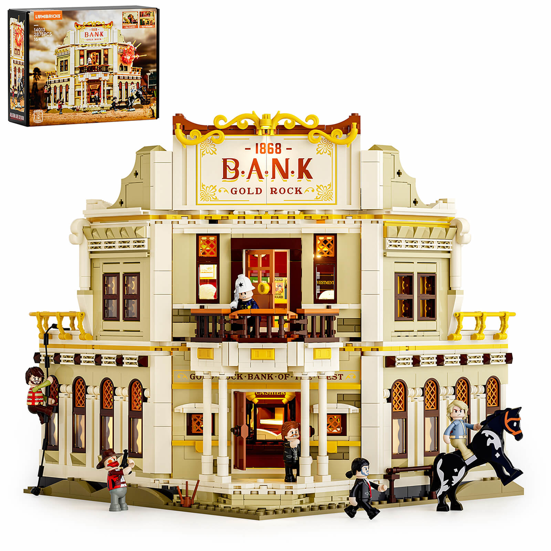 Set Lumibricks Bank Gold Rock 1868 vue de face avec figurines western, cheval noir et boîte d'emballage