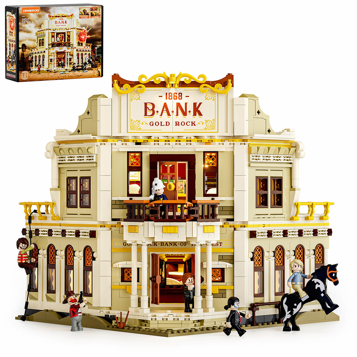 Set Lumibricks Bank Gold Rock 1868 vue de face avec figurines western, cheval noir et boîte d'emballage