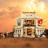 Scène de braquage de banque western Gold Rock 1868 avec diligence, figurines et explosion au coucher du soleil