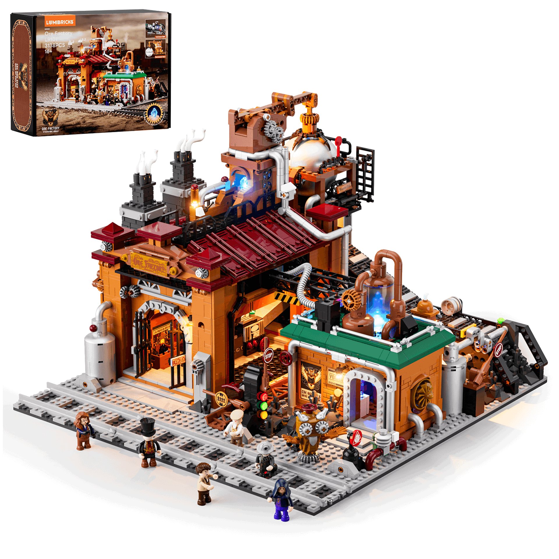 Set Lumibricks L9101 Ore Factory steampunk 3138 pièces avec boîte, vue en perspective montrant l'usine complète avec éclairage LED et 8 minifigurines