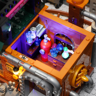 Vue plongeante intérieure du laboratoire VoidLab éclairé en violet avec cristaux bleus, fioles, extincteur rouge et grimoire