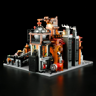 Vue arrière de l'Ore Factory Lumibricks sur fond noir montrant les mécanismes industriels, engrenages, tuyaux et cheminées éclairés