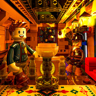 Intérieur détaillé du château avec deux figurines steampunk, calice doré et éclairage chaud ambré