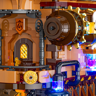 Gros plan sur le moteur à engrenages dorés, cadrans et fioles de potions multicolores éclairées du château