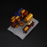 Détail du mobilier miniature du trésor royal avec coffres dorés, gemmes bleues, parchemin et étagères