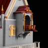 Détail architectural du balcon latéral du château avec fenêtres gothiques dorées, arcs-boutants et toit rouge