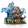 Vue de face de l'auberge LUMIBRICKS Sylvan Inn avec arbre bleu lumineux, façade à colombages et minifigurines sur fond blanc
