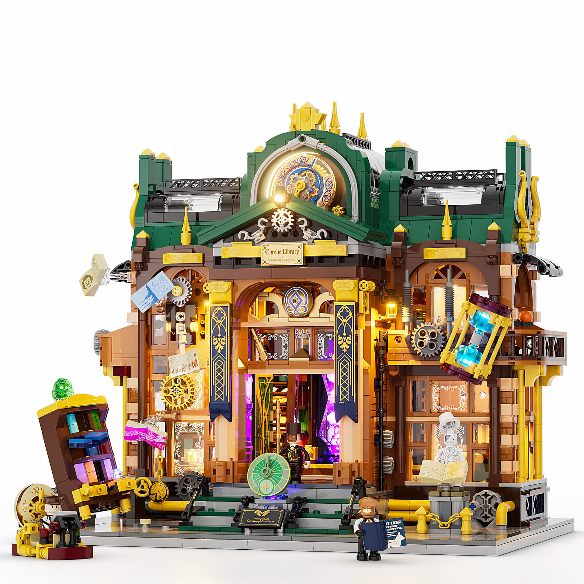 Vue de face de la bibliothèque steampunk Lumibricks L9115 avec façade détaillée, engrenages dorés, toit vert et minifigurines