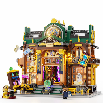 Vue de face de la bibliothèque steampunk Lumibricks L9115 avec façade détaillée, engrenages dorés, toit vert et minifigurines