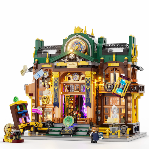 Vue de face de la bibliothèque steampunk Lumibricks L9115 avec façade détaillée, engrenages dorés, toit vert et minifigurines