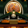 Détail du fronton de la bibliothèque steampunk avec horloge ornée, toit vert, engrenage et éclairage LED doré