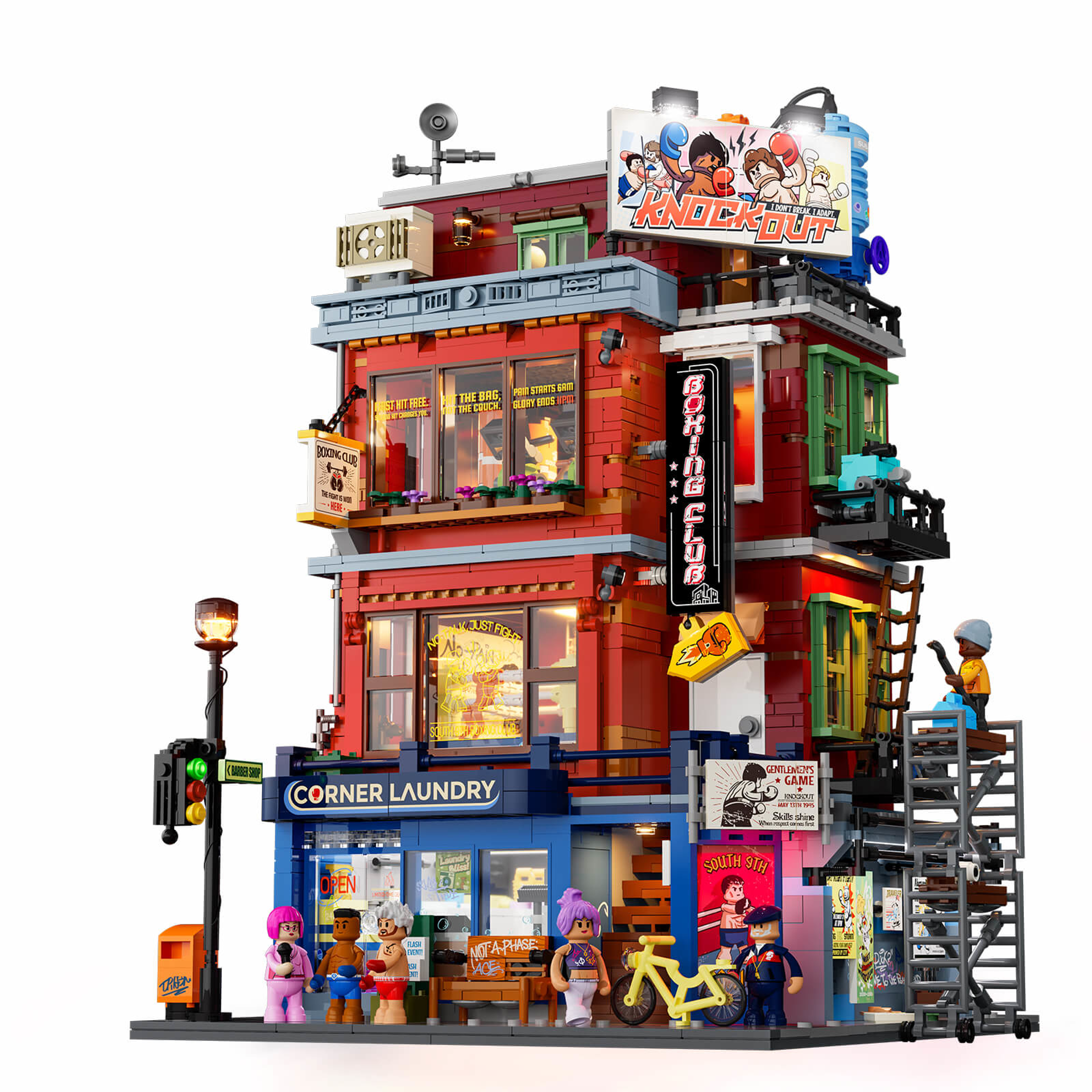 Set Lumibricks L9116 Boxing Club vue de face sur fond blanc avec laverie Corner Laundry, club de boxe et minifigurines