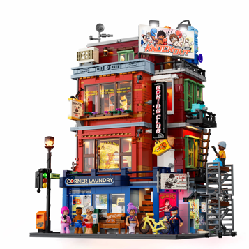 Set Lumibricks L9116 Boxing Club vue de face sur fond blanc avec laverie Corner Laundry, club de boxe et minifigurines