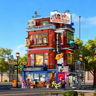 Immeuble Lumibricks Boxing Club en contexte urbain avec ciel bleu, feu tricolore et personnages sur le trottoir
