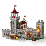 Château médiéval Lumibricks L9119 vue de face avec tour, remparts, marché, figurines de chevaliers et éclairage LED intégré