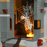 Détail du cachot du château Lumibricks L9119 avec squelette suspendu par des chaînes, toiles d'araignée et torche LED jaune